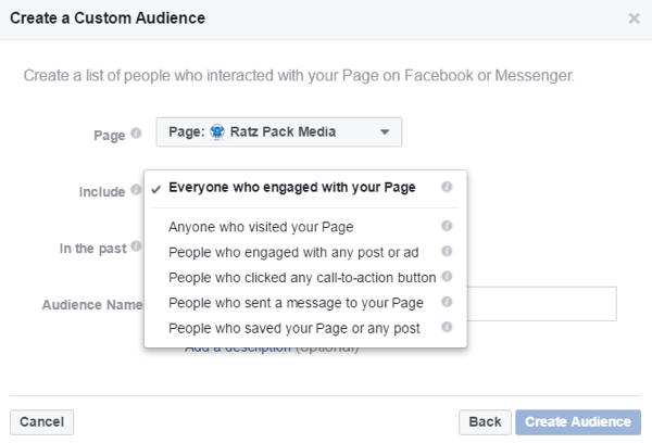 Créez des audiences personnalisées basées sur les personnes qui ont interagi avec votre page Facebook.