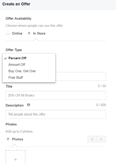 Les paramètres disponibles lors de la création d'une offre Facebook.