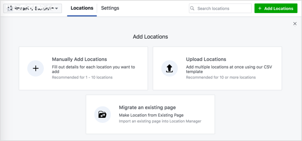 Vous voyez trois options pour ajouter des emplacements à votre page Facebook.