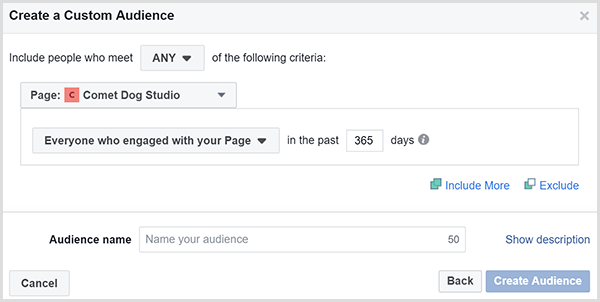 La boîte de dialogue Facebook Créer une audience personnalisée vous permet de cibler les publicités sur les personnes qui ont interagi avec votre site Web dans un certain délai.