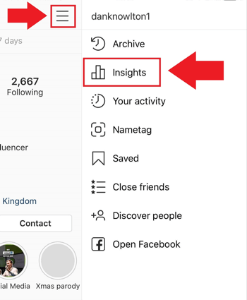 Stratégie de marketing des médias sociaux; Capture d'écran de l'endroit où accéder à Instagram Insights sur l'application Instagram.
