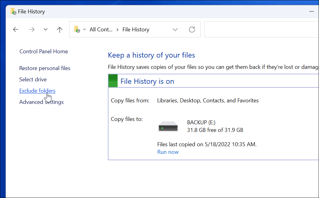 Exclure l'historique des fichiers d'utilisation sur Windows 11