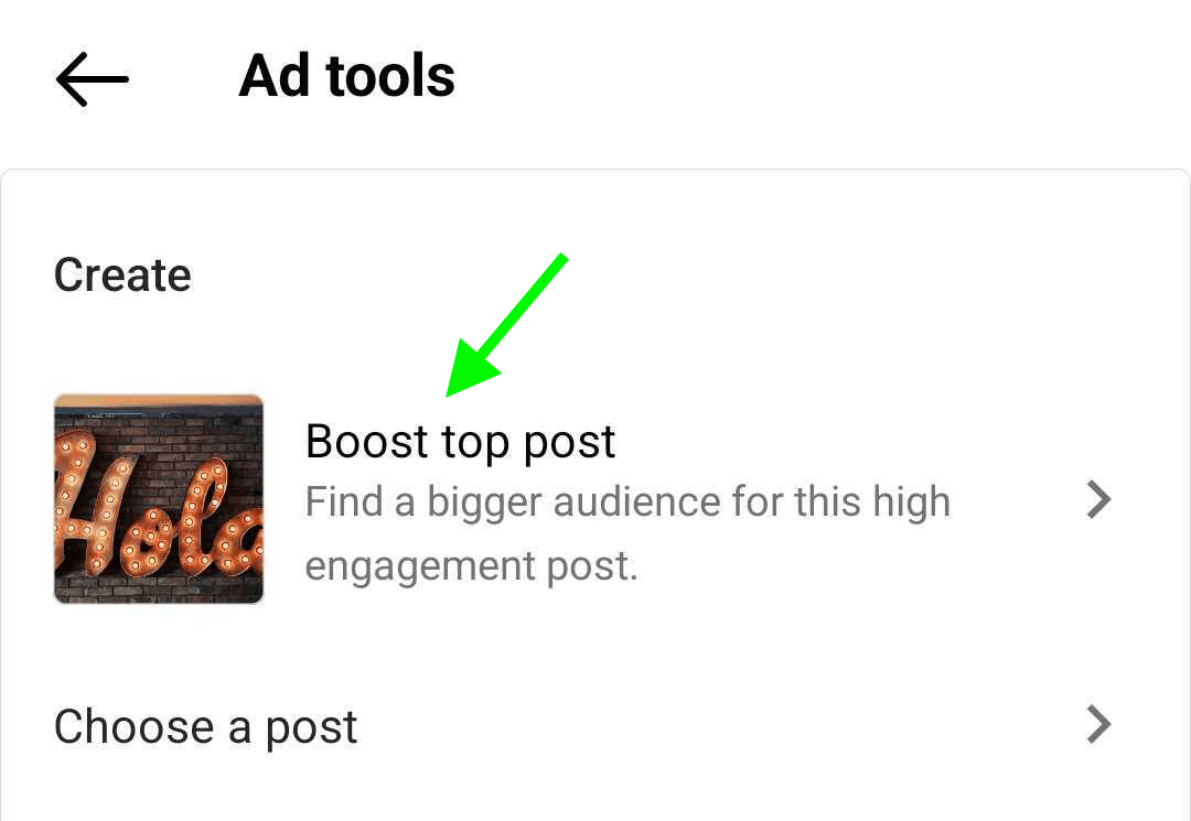 image de publication suggérée à booster sur Instagram dans Ad Tools