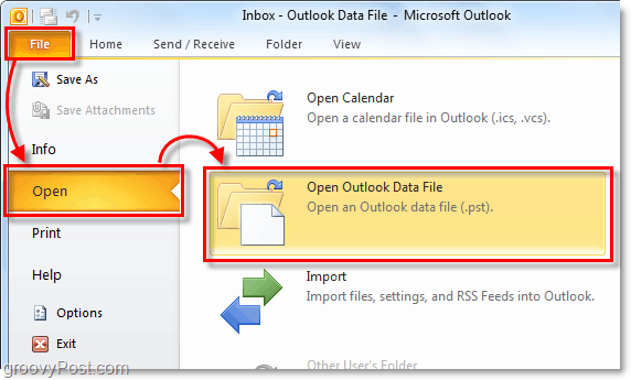 ouvrez votre dossier qui contient votre fichier pst d'archive à partir d'Outlook 2010