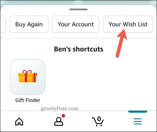 Ouvrir le menu de la liste de souhaits dans l'application Amazon