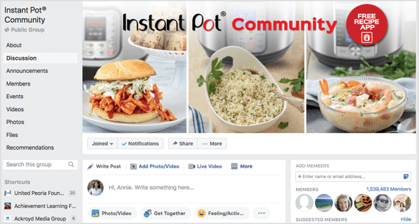 Groupe Facebook Instant Pot Community de plus d'un million de membres.