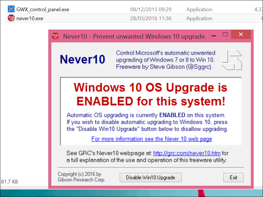 Arrêtez la mise à niveau de Windows 10 avec Never 10 ou l'application GWX elle-même