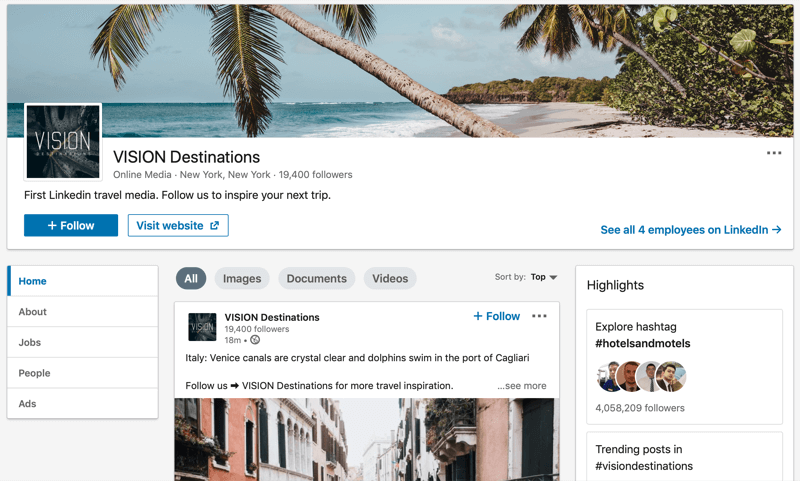 Page d'entreprise sur LinkedIn pour VISION Destinations