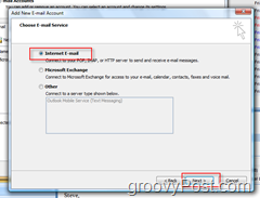 Créer un nouveau compte de messagerie dans Outlook 2007:: Bouton radio de messagerie Internet
