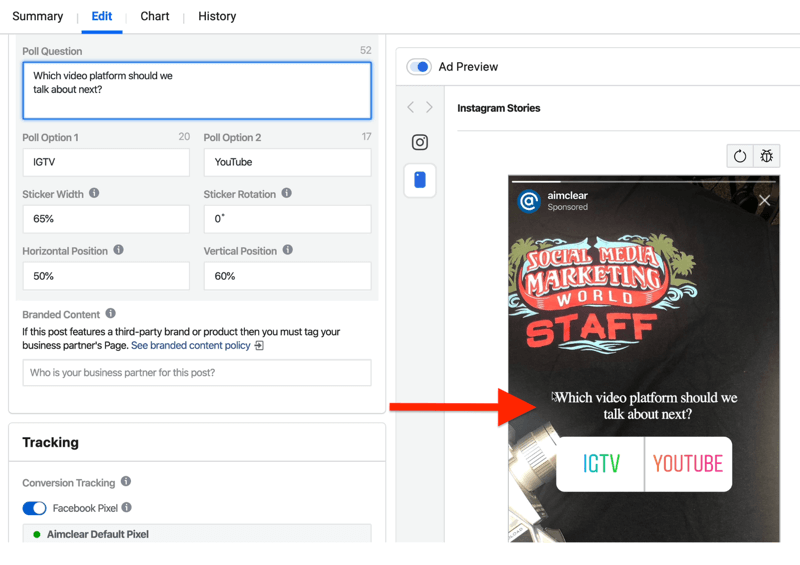 champs pour configurer un sondage publicitaire Instagram Stories dans Ads Manager