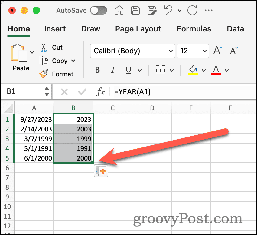 Poignée de remplissage automatique dans Excel