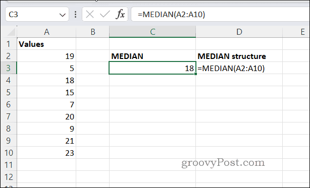Exemple de résultat MEDIAN dans Excel