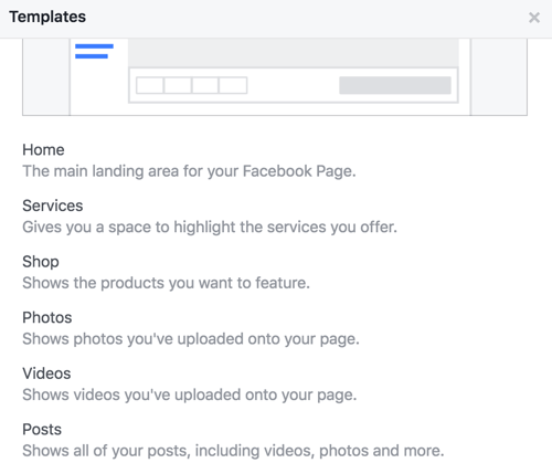 Obtenez des détails sur les onglets du modèle de votre page Facebook.