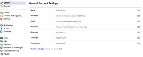 menu des paramètres du compte facebook
