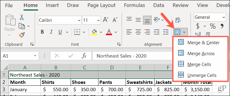 Fusionner les options dans Excel