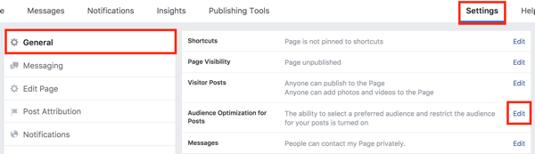 Dans les paramètres de votre page Facebook, cliquez sur le bouton Modifier à droite de l'option Optimisation de l'audience pour les publications.