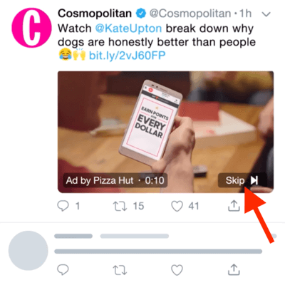 Exemple d'annonce vidéo Twitter avec la possibilité d'ignorer l'annonce après 6 secondes.