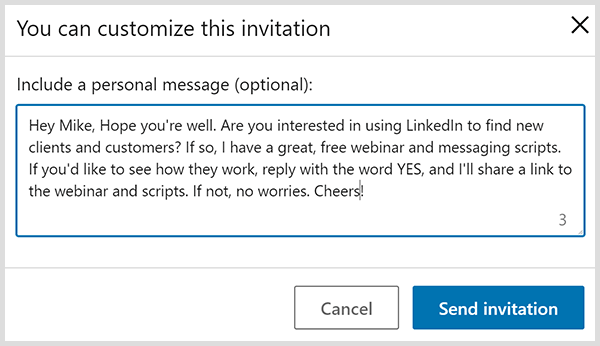 L'invitation de connexion LinkedIn avec un message personnel est basée sur les quatre suggestions de John Nemo.