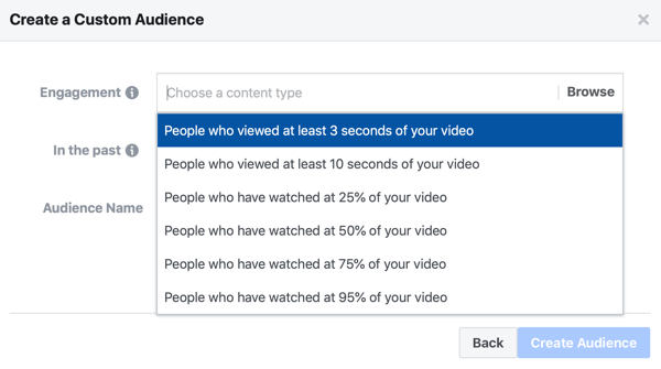 Possibilité de créer une audience personnalisée pour les publicités Facebook de personnes qui ont regardé une partie de votre vidéo.