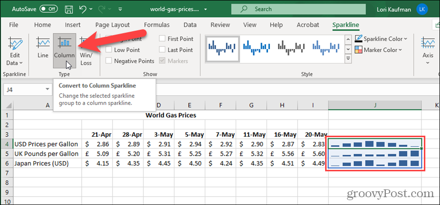 Changer le type de Sparkline dans Excel