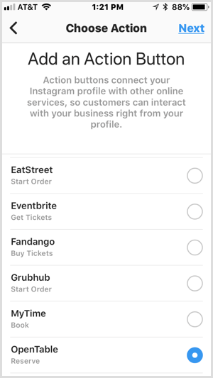 Écran Instagram Ajouter un bouton d'action pour les services tiers
