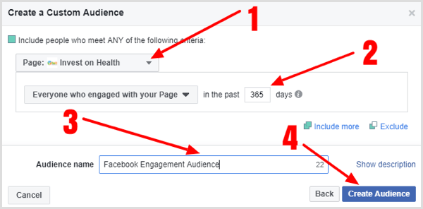 Remplissez les détails pour créer votre audience personnalisée d'engagement de page Facebook.