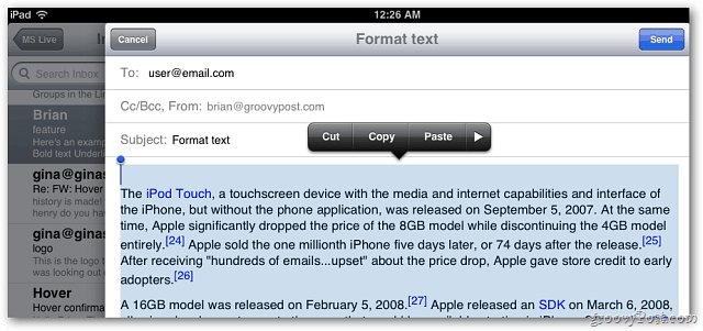 Apple iOS 5 Mail: inclut désormais la mise en forme du texte dans les messages