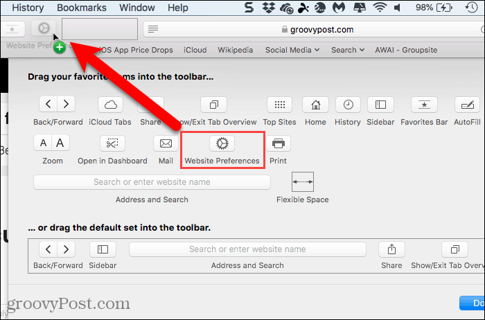 Ajouter le bouton Préférences de site Web à la barre d'outils dans Safari pour Mac