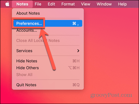 sélectionnez Préférences dans Notes sur Mac