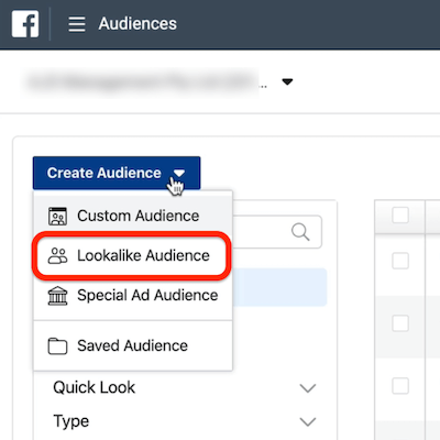 capture d'écran de l'option Audience similaire encerclée dans le menu déroulant Créer une audience dans Ads Manager