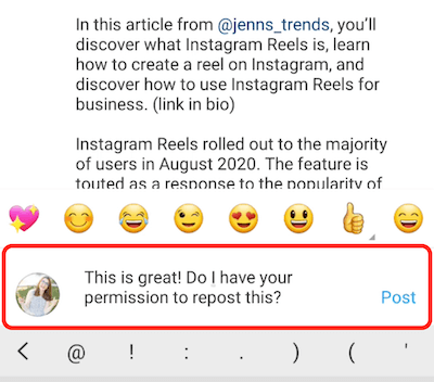 exemple de post instagram réponse de commentaire complimentant et demandant la permission de republier le contenu