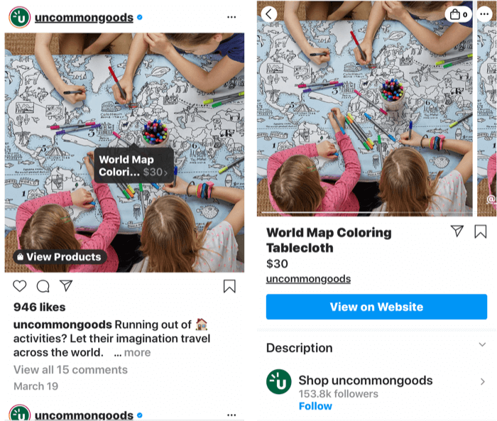 captures d'écran montrant une balise instagram ajoutée à une publication de produit achetable ainsi que la page de la boutique du produit une fois qu'une balise de publication est sélectionnée