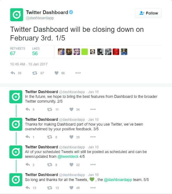 Twitter fermera le tableau de bord Twitter le 3 février 2017.