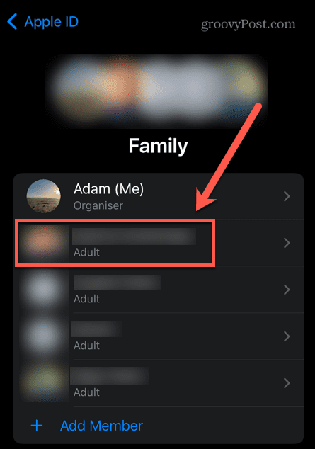 iPhone sélectionner un membre de la famille