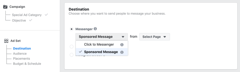Option de message sponsorisé Facebook dans Facebook Ads Manager