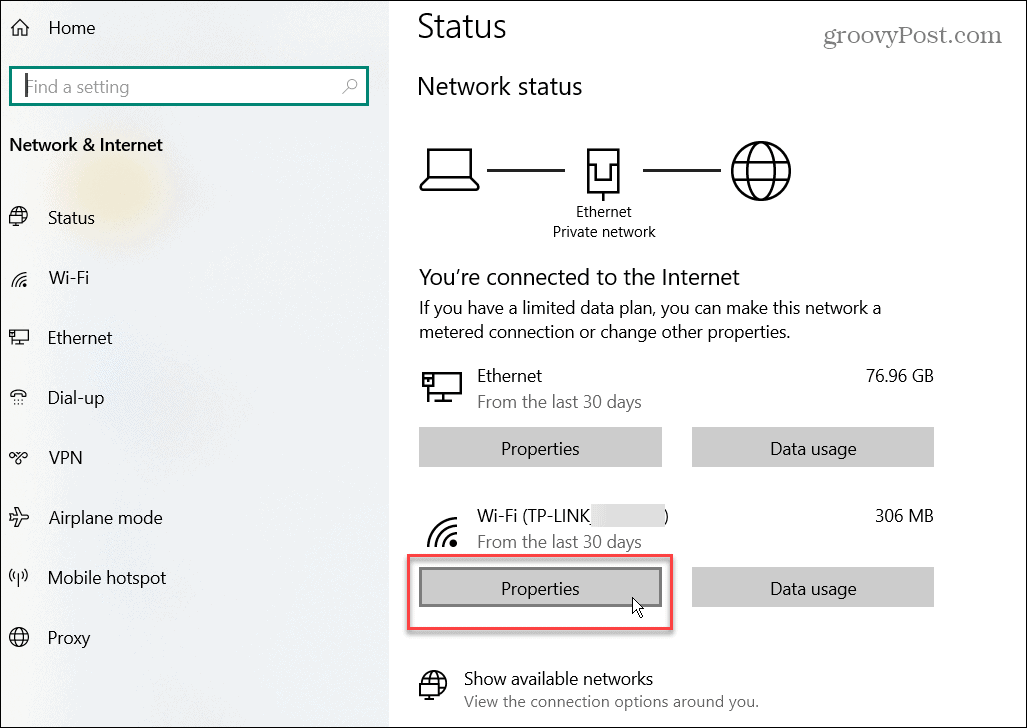 réseau et internet windows 10