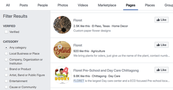Résultats de recherche sur les pages Facebook pour Floret.