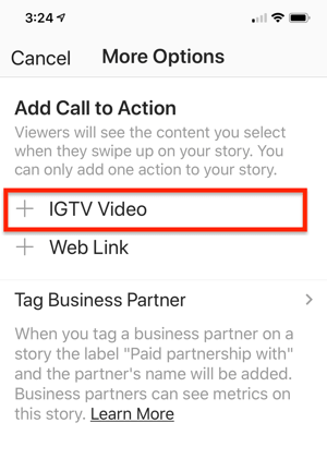 Option pour sélectionner un lien vidéo IGTV à ajouter à votre histoire Instagram.