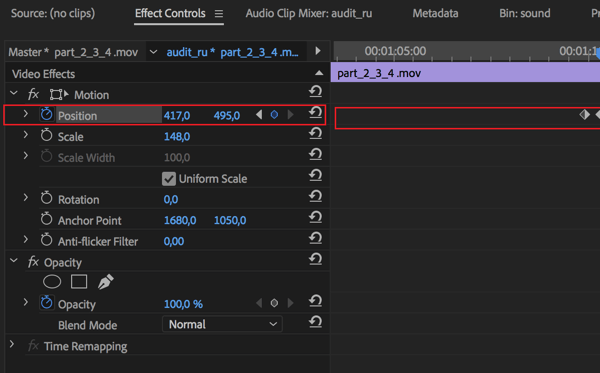 Réglage pour ajuster la position centrale de chaque image de votre séquence dans Adobe Premier Pro.