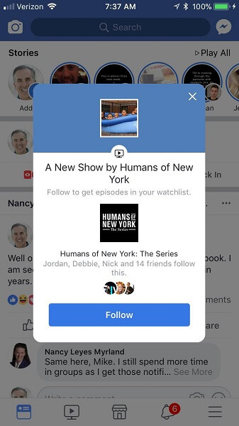 Facebook alerte les utilisateurs mobiles lorsque de nouveaux épisodes de la montre sont disponibles.