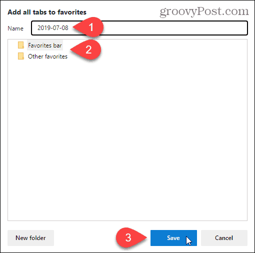 Boîte de dialogue Ajouter tous les onglets aux favoris dans Edge basé sur Chromium