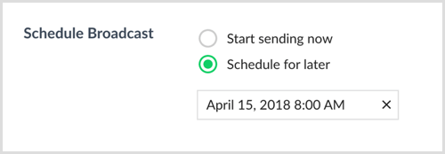 Sélectionnez Planifier pour plus tard et choisissez une date et une heure dans ManyChat.