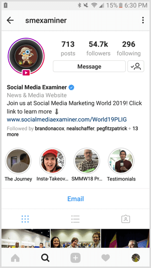 Exemple de profil d'entreprise Instagram