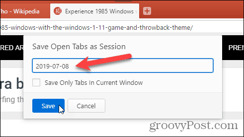 Boîte de dialogue Enregistrer les onglets ouverts en tant que session dans Vivaldi