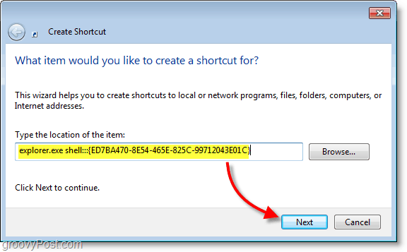 Capture d'écran de Windows 7 - nommez le raccourci de ce nom d'extension fou