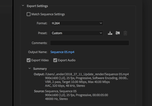 Paramètre pour exporter votre vidéo Adobe Premier Pro avec le format défini sur H.264.