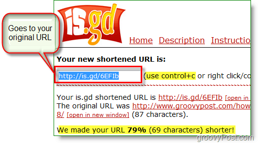 Capture d'écran du raccourcisseur d'URL is.gd - copiez la nouvelle URL courte