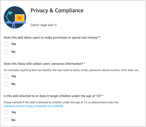 Répondez aux questions de confidentialité et de conformité pour votre compétence Alexa.