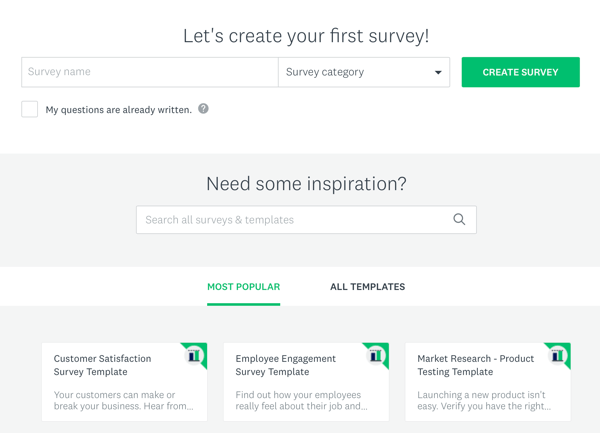 Techniques publicitaires Facebook qui fournissent des résultats, options pour créer une enquête Survey Monkey. 