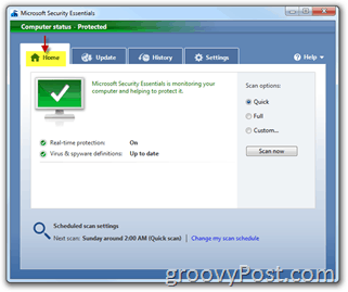 Menu d'accueil de Microsoft Security Essentials